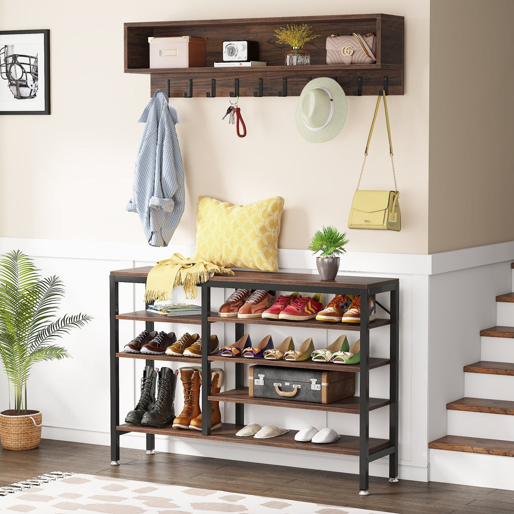 Entryway Coat Rack Shoe Bench Set, Industrial Hall Tree Coat Shoe Rack