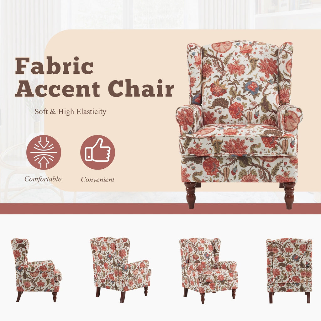 Erommy Modern Accent Chair, High Back Armchair, Upholstered Fabric Button Single Sofa with Wooden Legs for Living Room