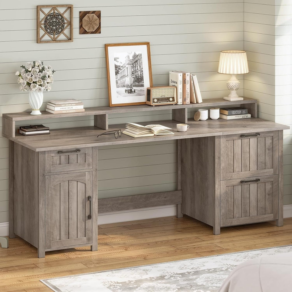 Farmhouse Executive Desk Home Office Desk File Drawer Monitor Stand Power Outlet