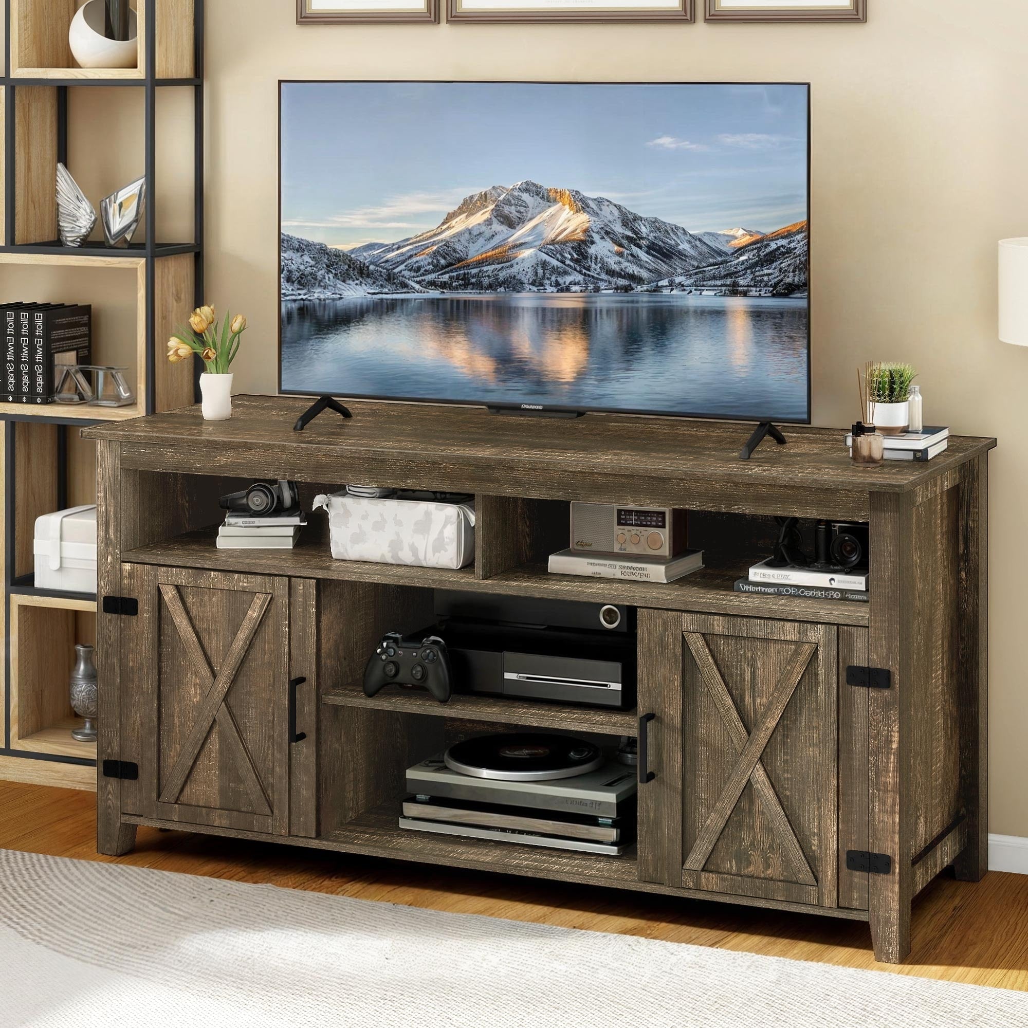 Farmhouse TV Stand for up to 65 TV with Doors and Open Shelves Media Console Power Outlet
