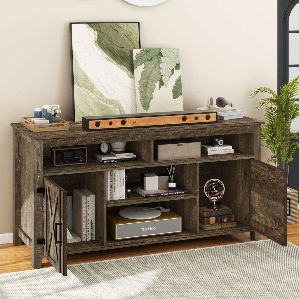 Farmhouse TV Stand for up to 65 TV with Doors and Open Shelves Media Console Power Outlet