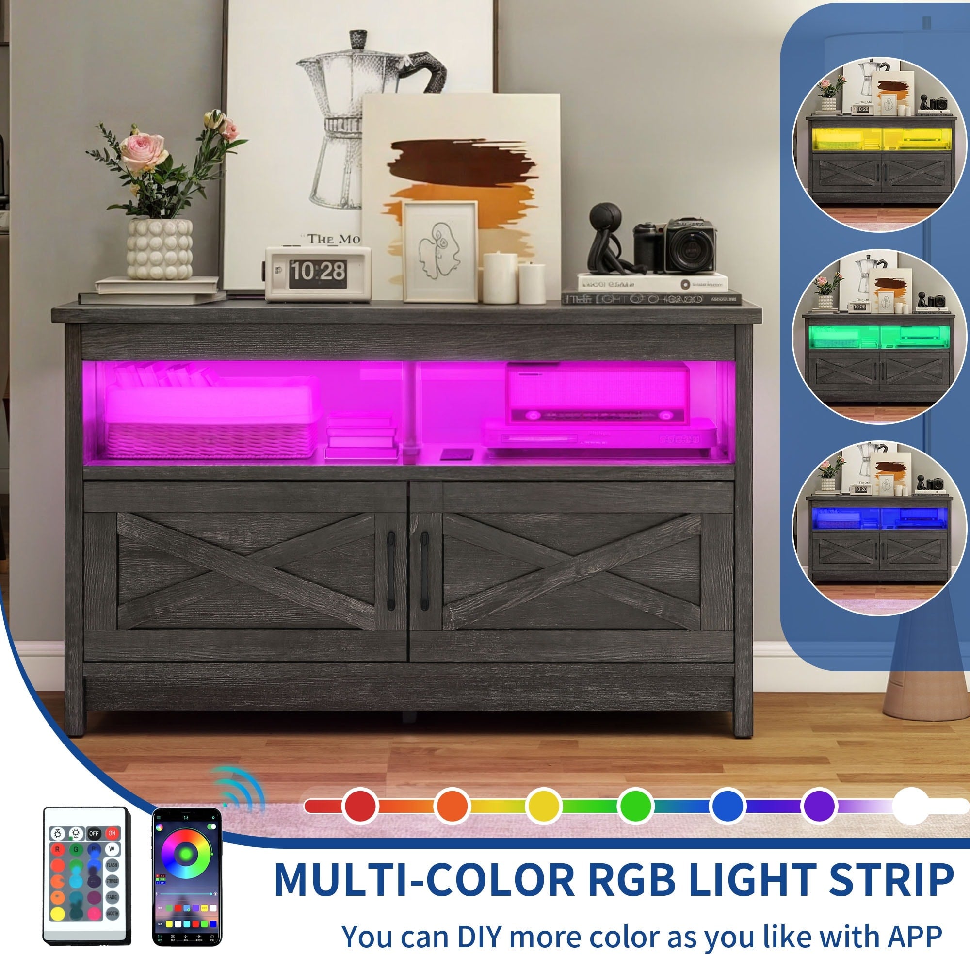 Farmhouse TV Stand for up to 65 TV with Doors and Open Shelves Media Console Power Outlet