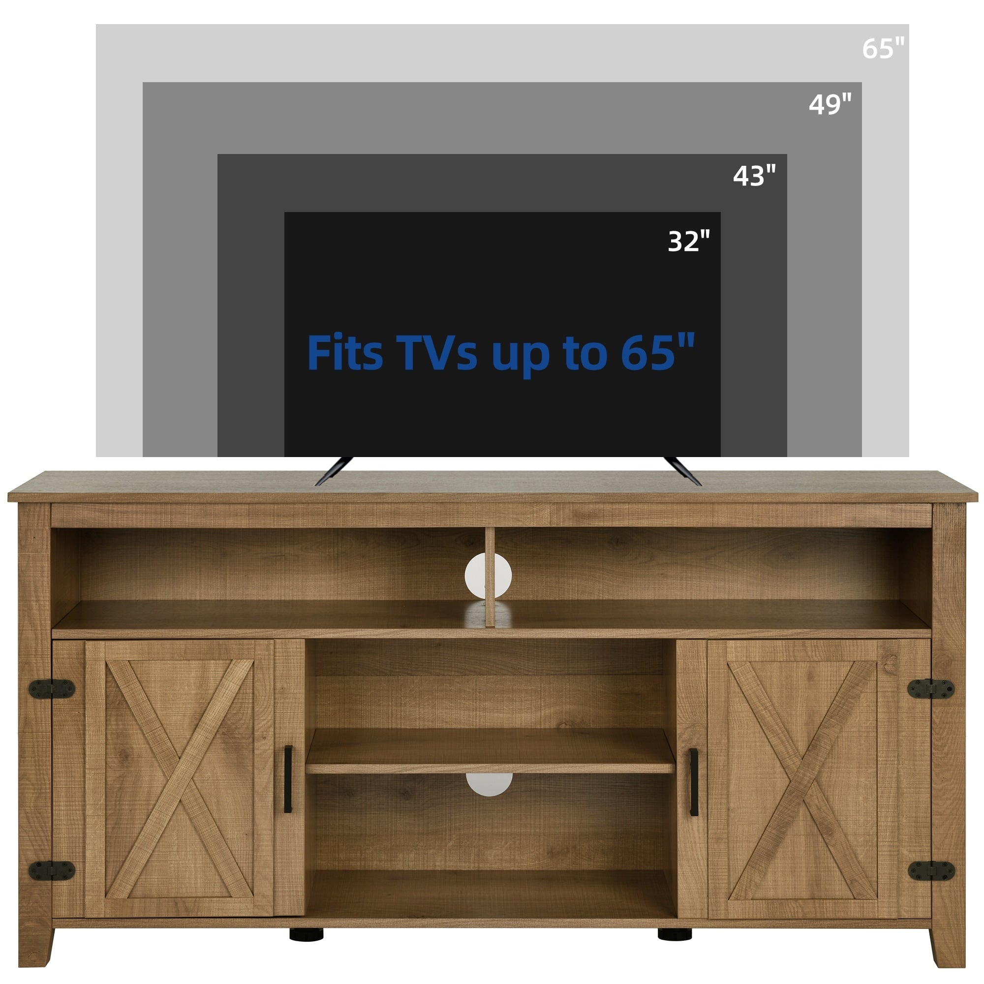 Farmhouse TV Stand for up to 65 TV with Doors and Open Shelves Media Console Power Outlet