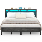 Farmhouse Wood Platform Bed Frame with Charged Station and LED Lights