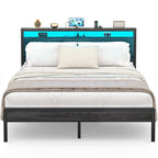 Farmhouse Wood Platform Bed Frame with Charged Station and LED Lights