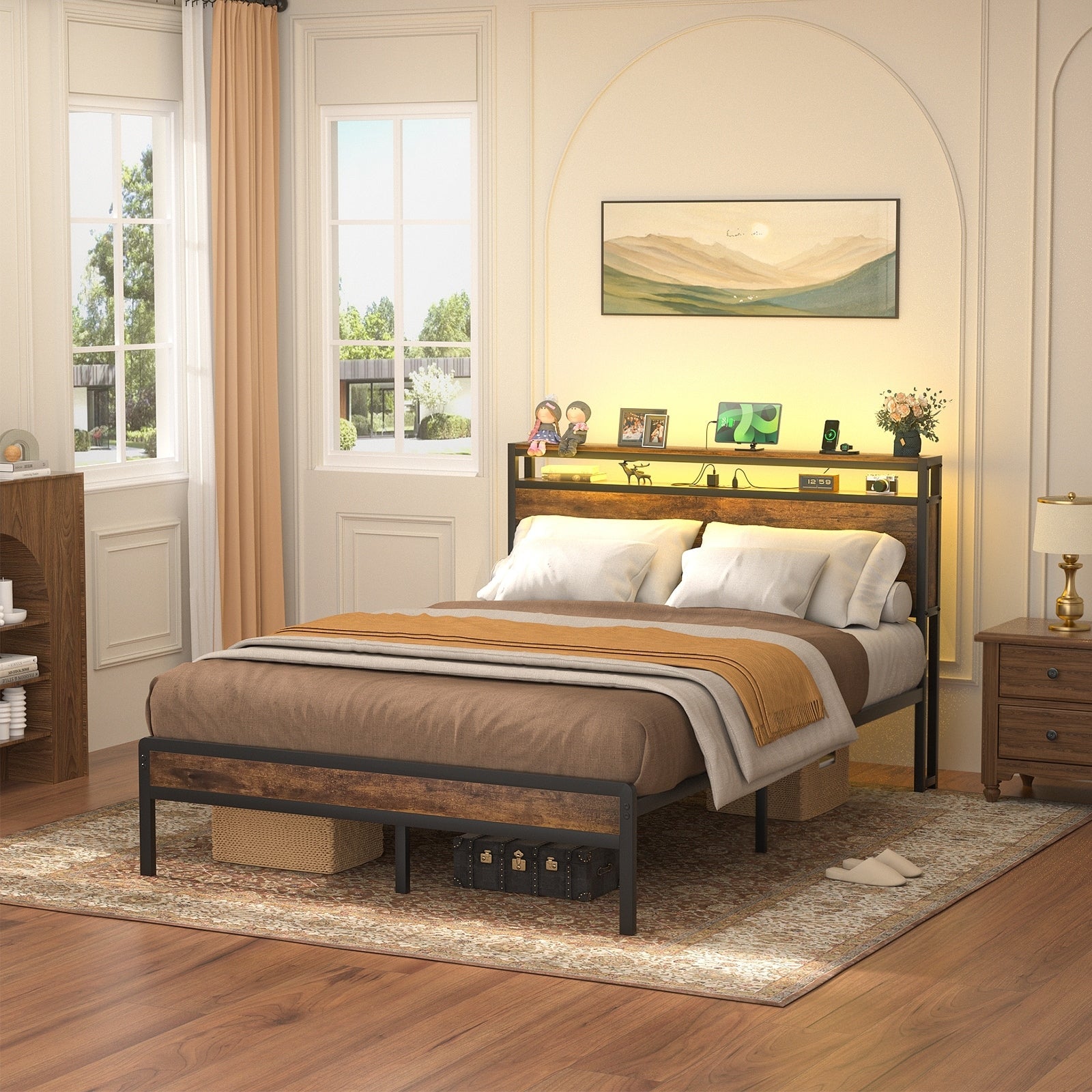 Farmhouse Wood Platform Bed Frame with Charged Station and LED Lights