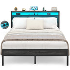 Farmhouse Wood Platform Bed Frame with Charged Station and LED Lights