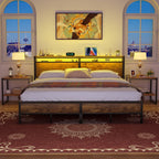 Farmhouse Wood Platform Bed Frame with Charged Station and LED Lights