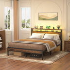 Farmhouse Wood Platform Bed Frame with Charged Station and LED Lights