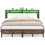 Farmhouse Wood Platform Bed Frame with Charged Station and LED Lights