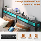 Farmhouse Wood Platform Bed Frame with Charged Station and LED Lights