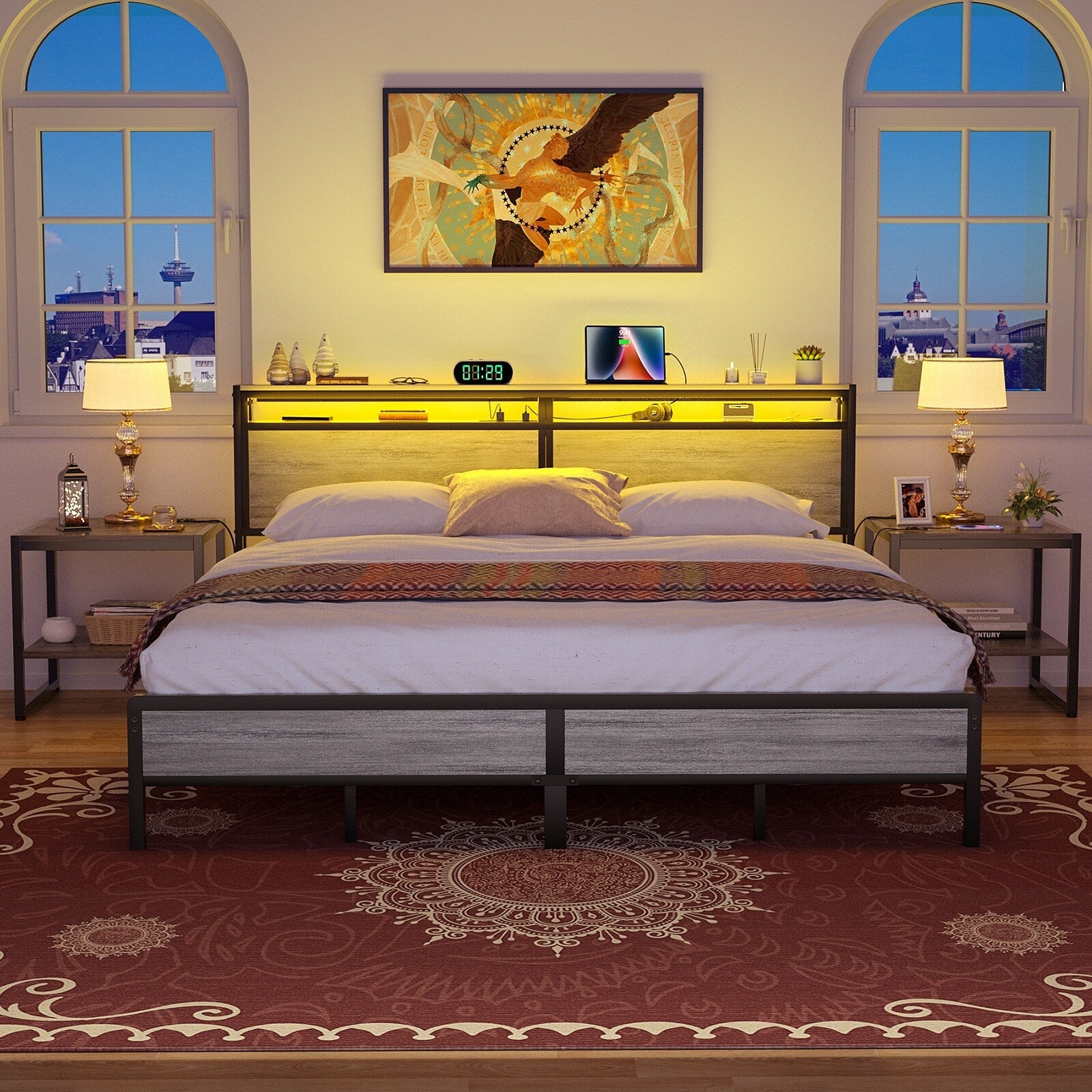 Farmhouse Wood Platform Bed Frame with Charged Station and LED Lights