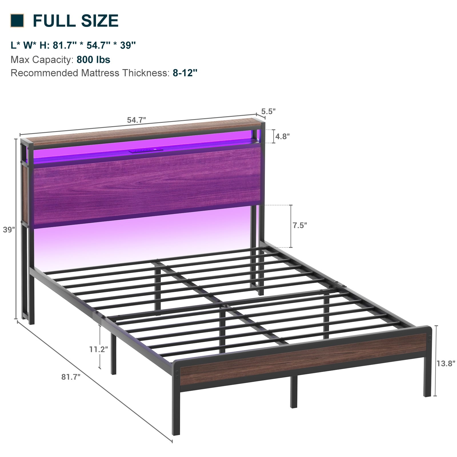 Farmhouse Wood Platform Bed Frame with Charged Station and LED Lights