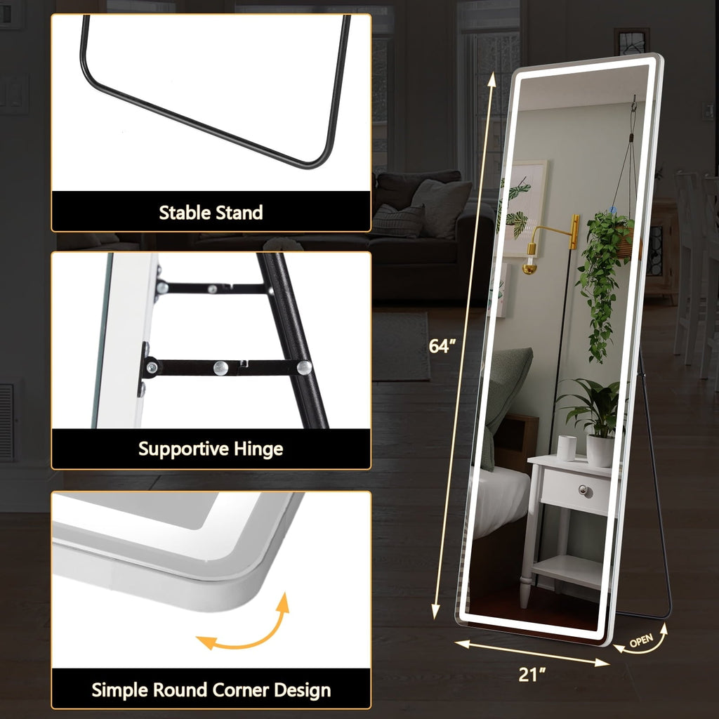 Floor Mirror with LED Light, 64 x 21 Full Length Mirror with Stand, Hanging Mirror Wall Mounted Mirror Full Body Mirror