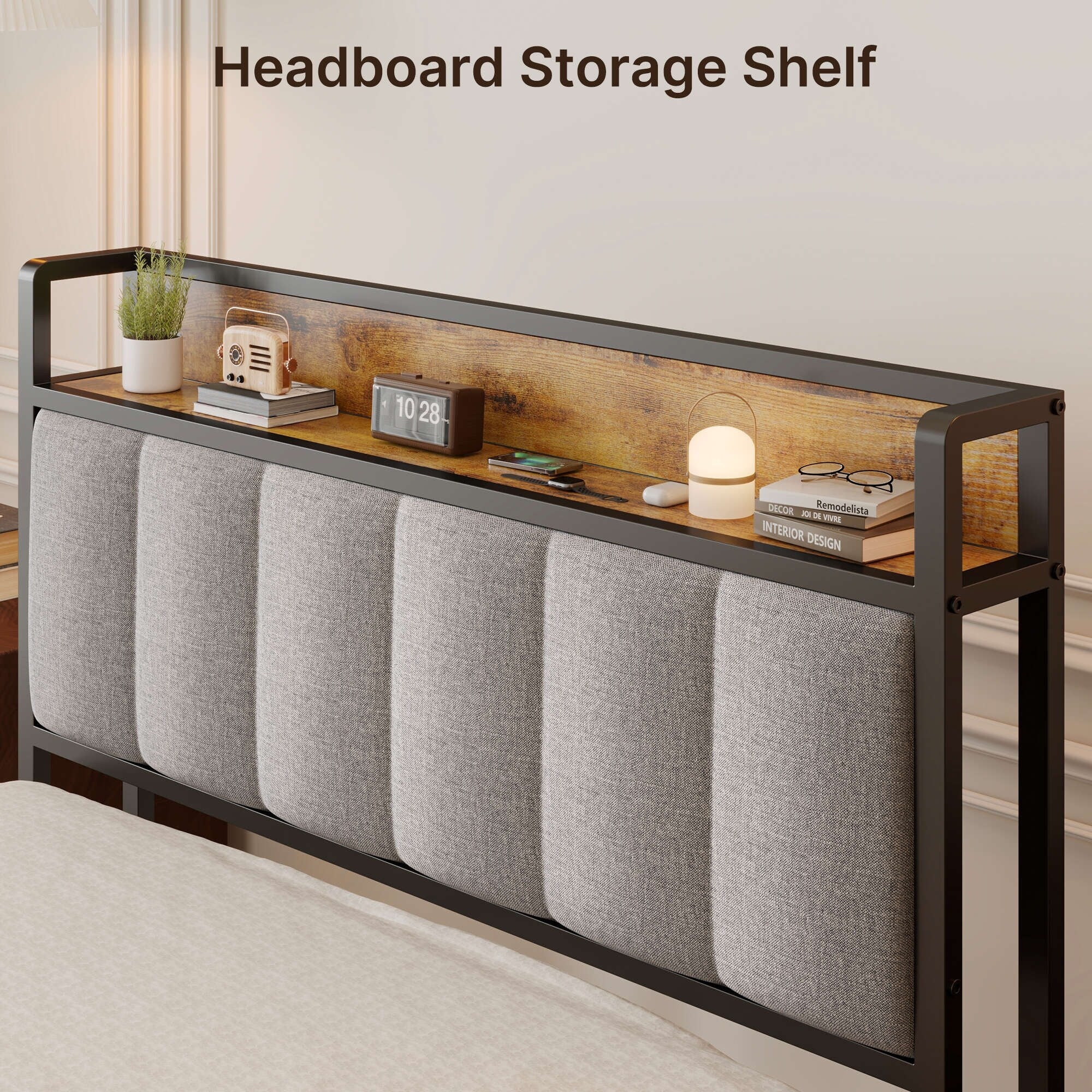 Twin / Full / Queen / King Size Metal Platform Bed Frame with Upholstered Storage Headboard