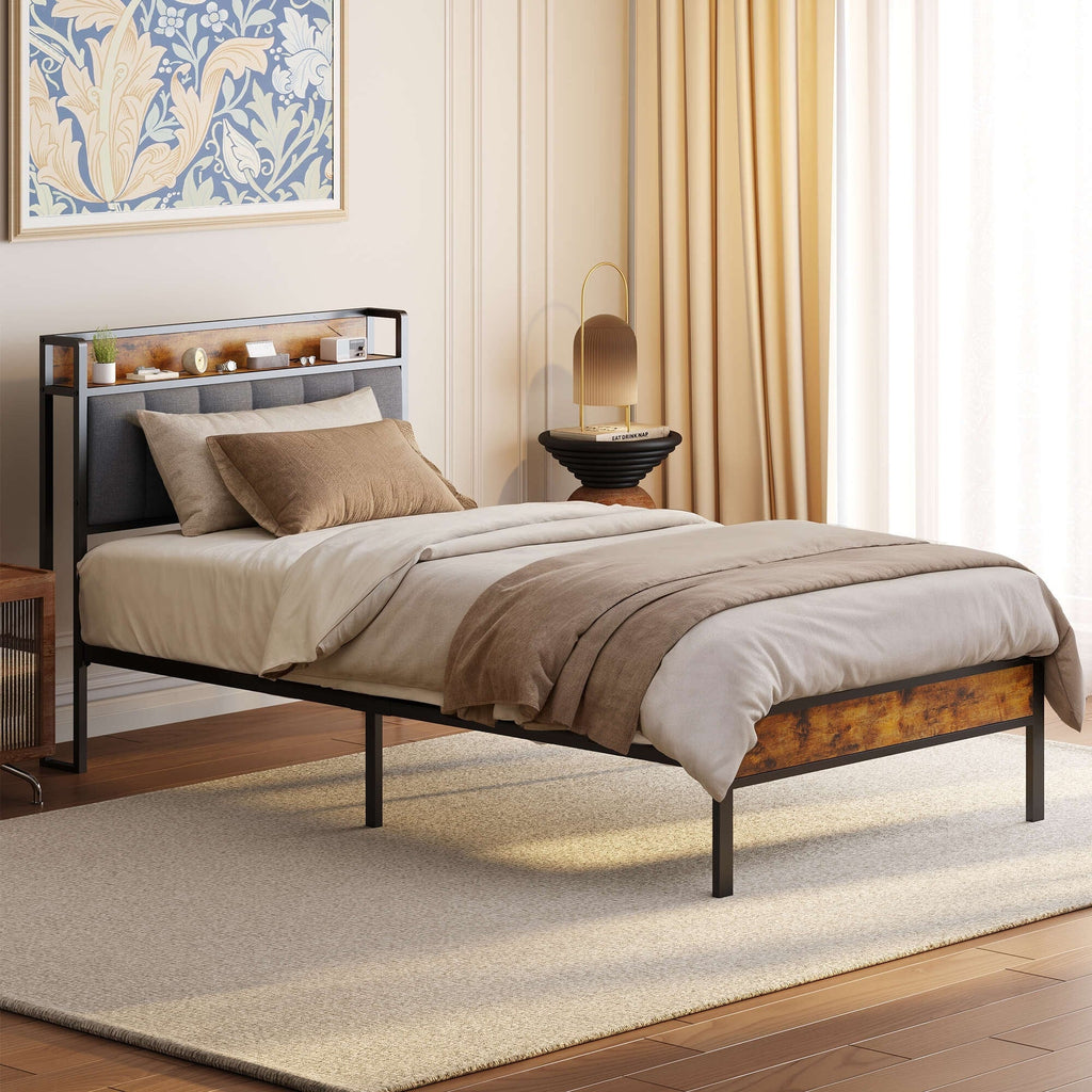 Twin / Full / Queen / King Size Metal Platform Bed Frame with Upholstered Storage Headboard