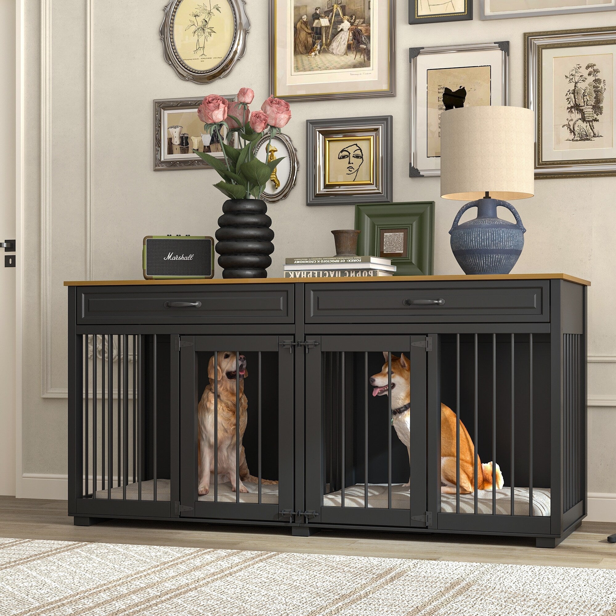 Furniture Style Dog Crate, 64.5 Inch Wooden Large Dog Kennel