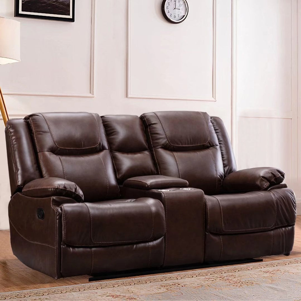 Genuine Leather Mid-century Modern Style Manual Recliners Sofa Set