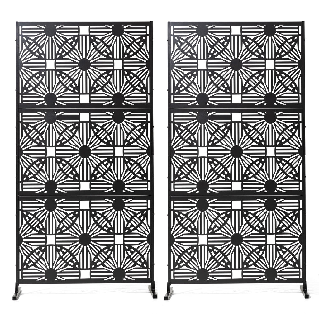 Glitzhome 6ft Galvanized Floral Patterned 3-Panel Privacy Screen Room Divider Fences