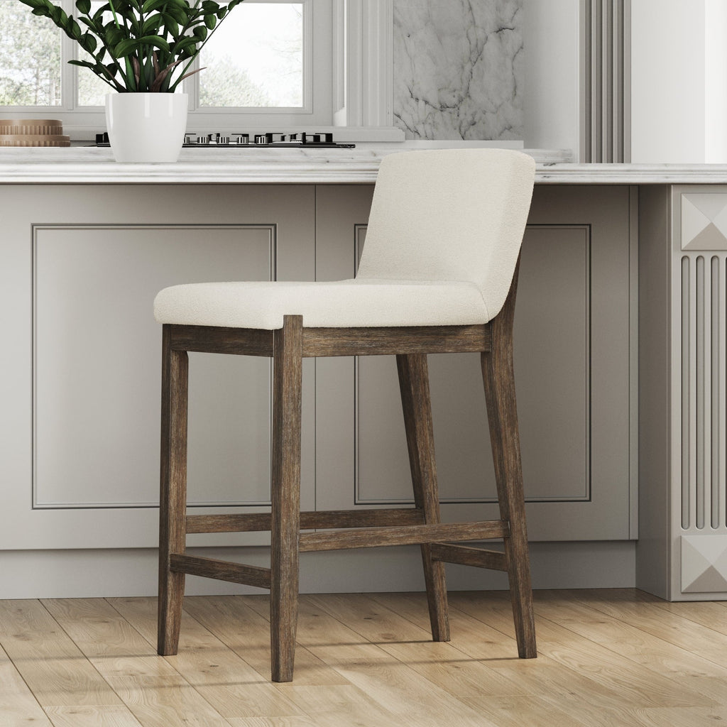 Gracie Modern Bar Stool, Boucle Upholstered Chair and Brushed Wooden Legs