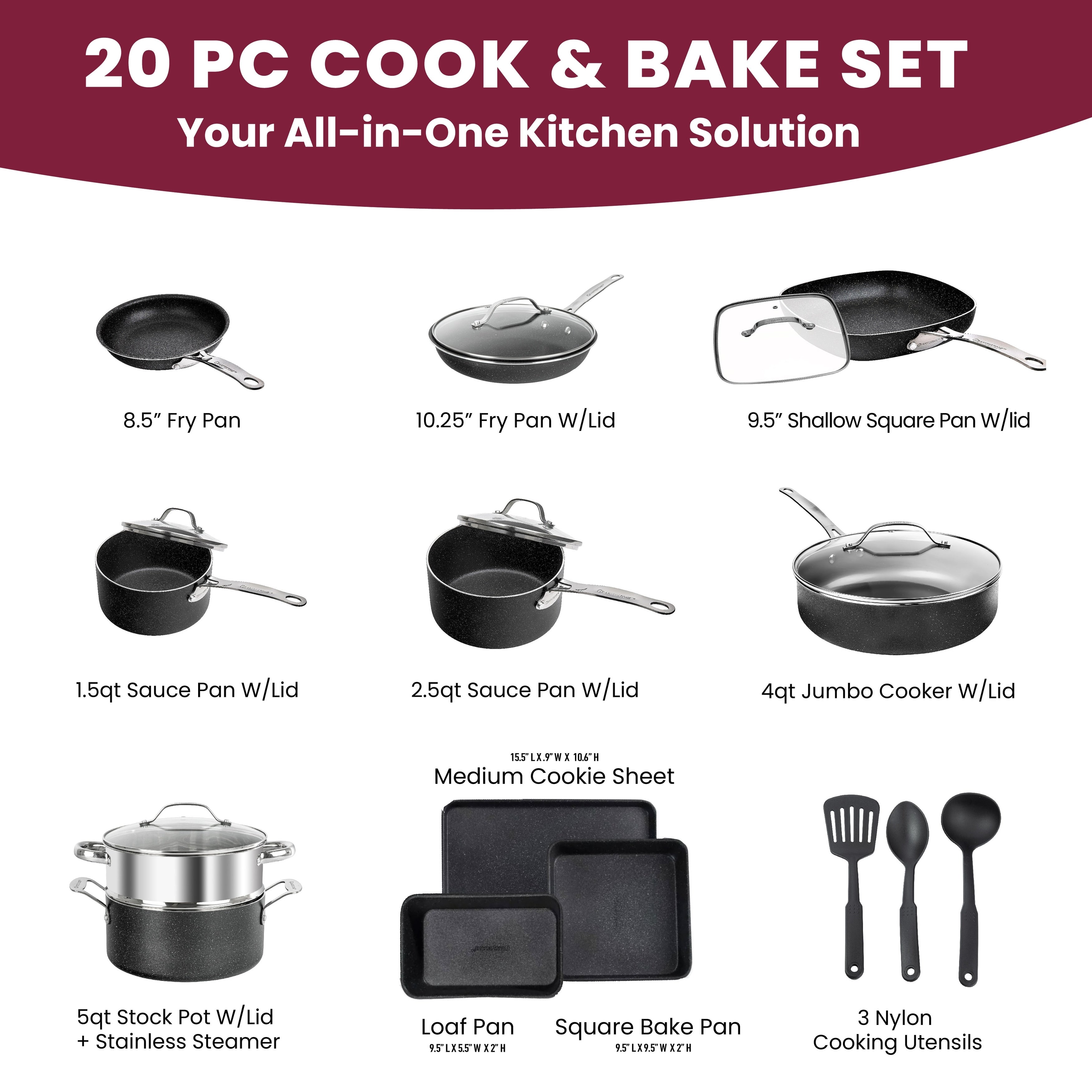 Granitestone 20 Piece Nonstick Pots and Pans Cookware and Bakeware Set