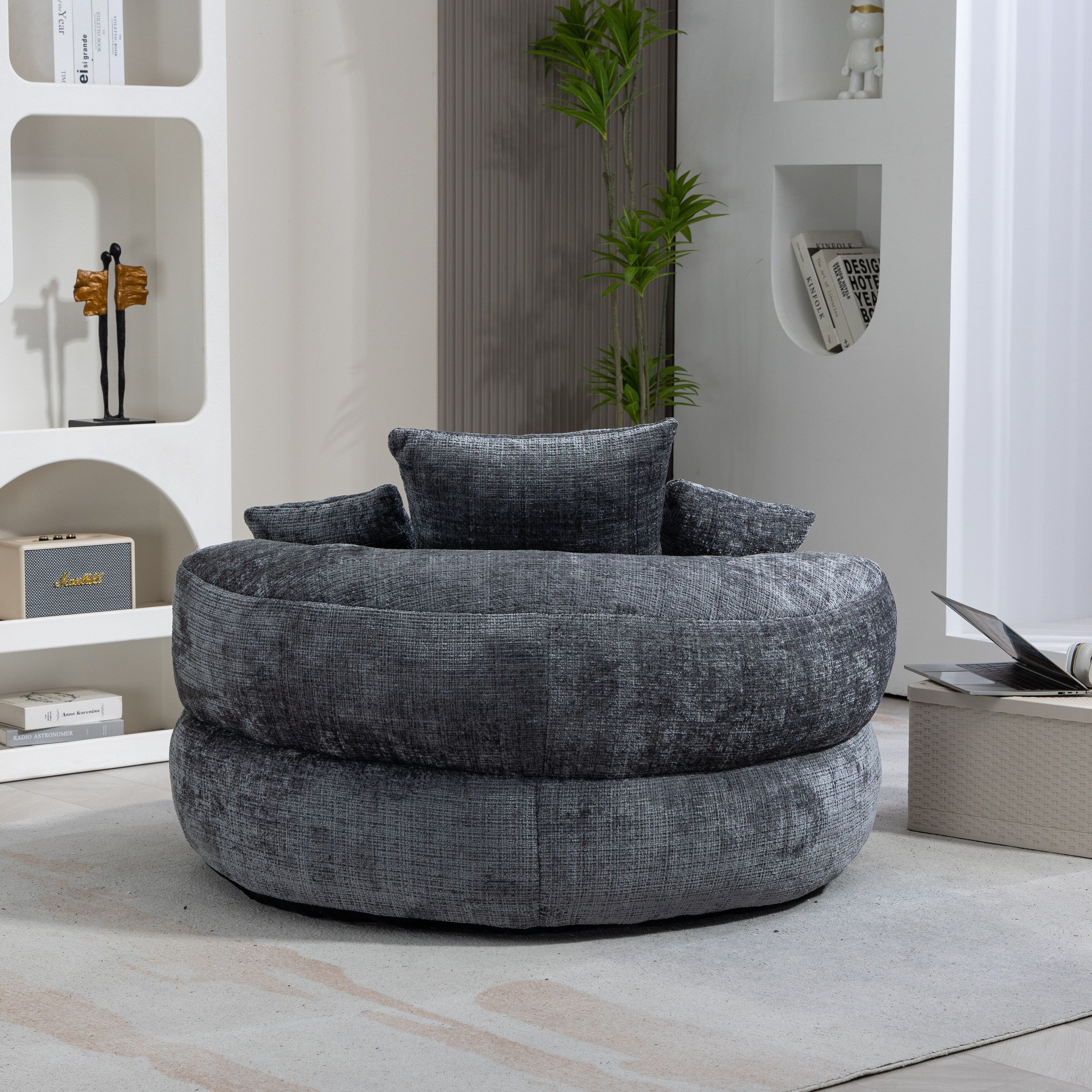 Gray Oversized 42.52 Chenille Lazy Bean Bag Single Sofa with Three Pillows for Bedroom