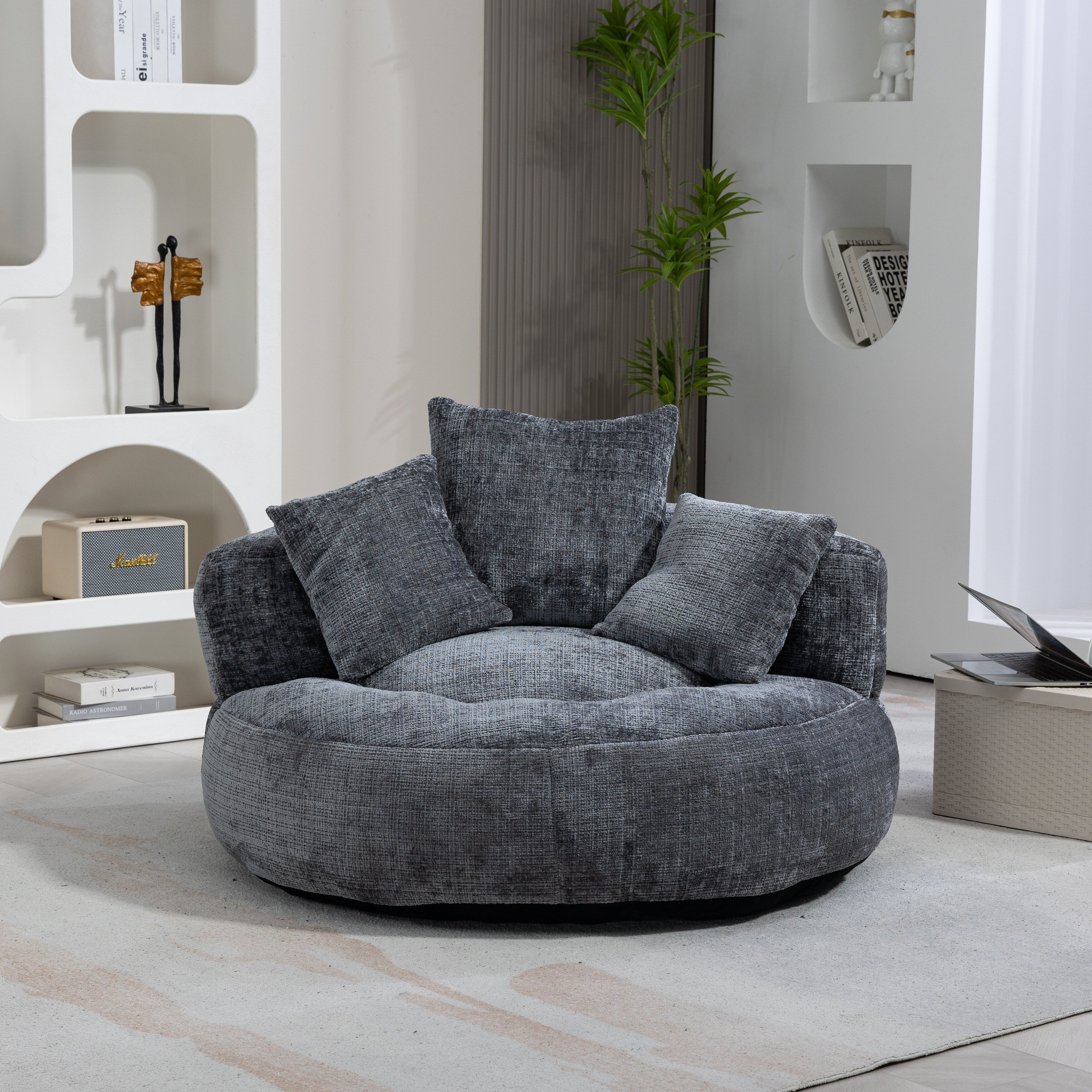 Gray Oversized 42.52 Chenille Lazy Bean Bag Single Sofa with Three Pillows for Bedroom