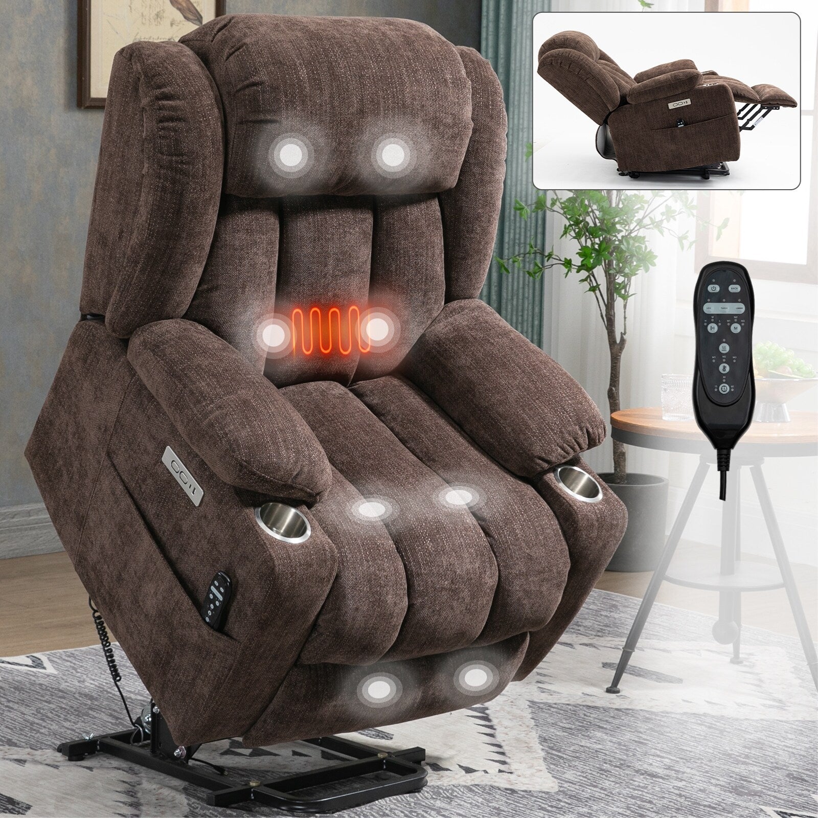 Grey Chenille Power Lift Recliner with Massage, Lumbar Heating, USB & Type-C Ports, and Stainless Steel Drink Holders