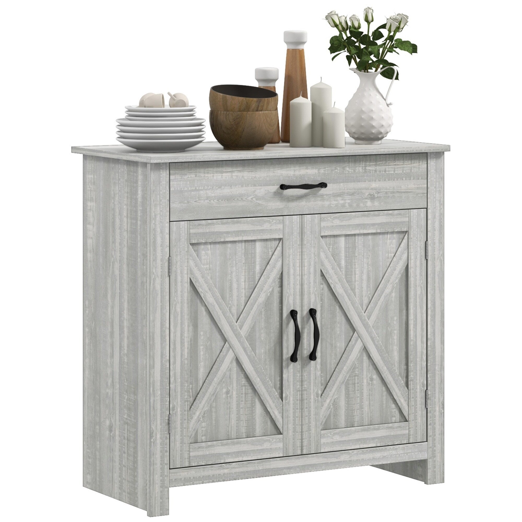 HOMCOM 32 Farmhouse Barn Door Style Sideboard Cabinet,Buffet Storage Cabinet Coffee Bar for Living Room or Entryway