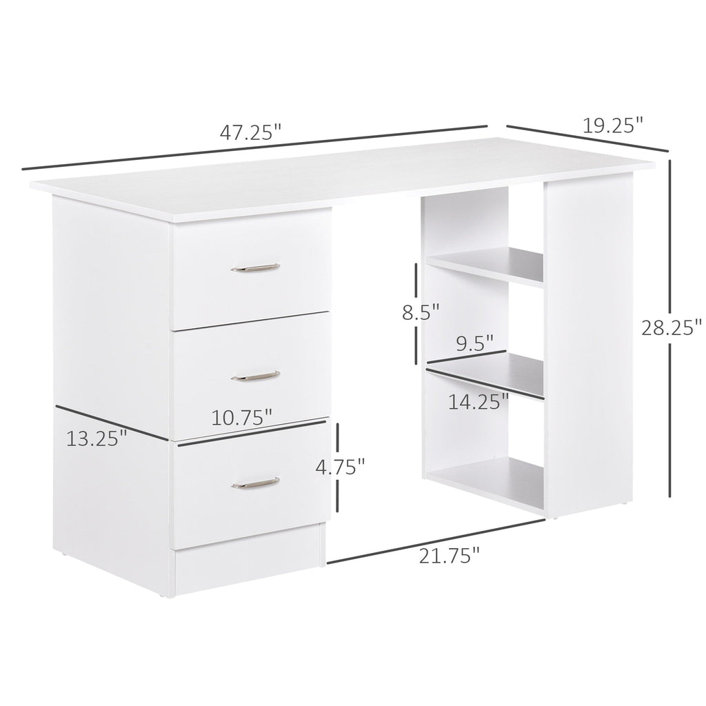 HOMCOM 47 Modern Home Office Computer Desk Bookcase Combo Writing Table Workstation with 3 Drawer and Storage Shelf - White