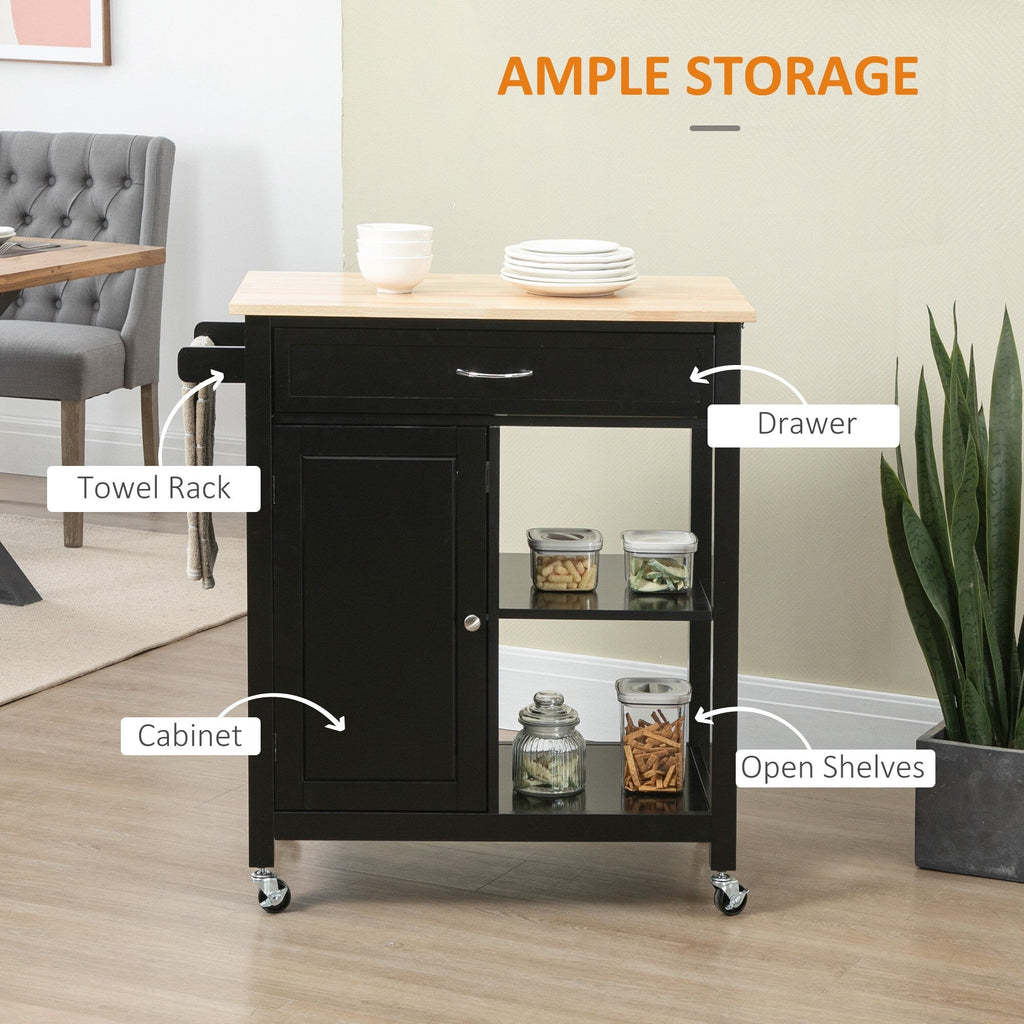 HOMCOM Kitchen Trolley, Wood Top Utility Cart on Wheels with Open Shelf and Storage Drawer for Dining Room, Kitchen
