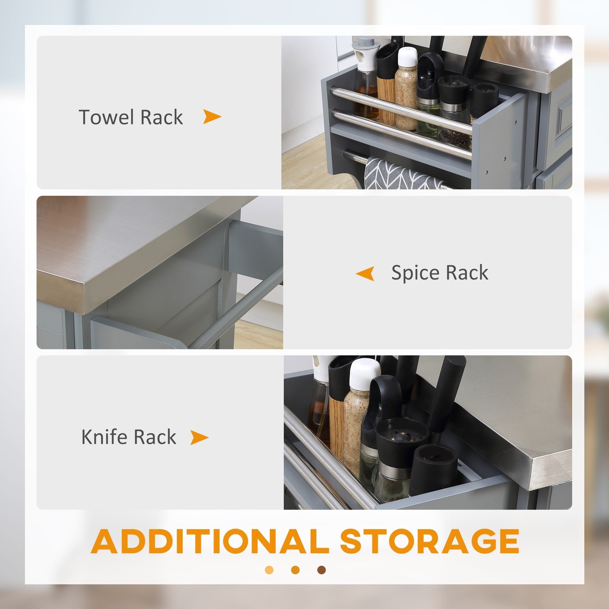 HOMCOM Rolling Kitchen Island with Storage, Portable Kitchen Cart with Stainless Steel Top, Gray - N/A