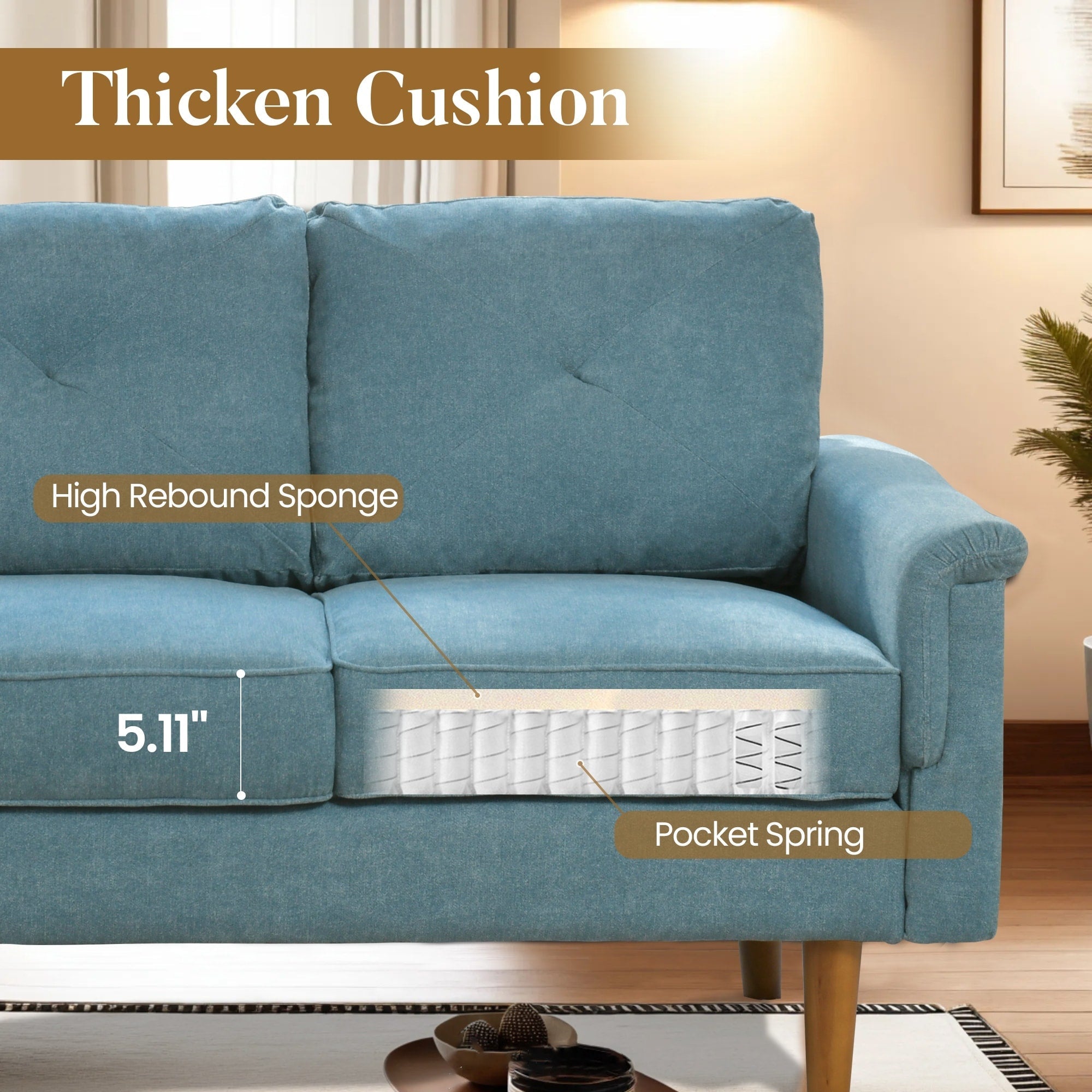 HOOOWOOO Mid-Century 3-Seat Upholstered Sofa with Wood Legs for Living Room