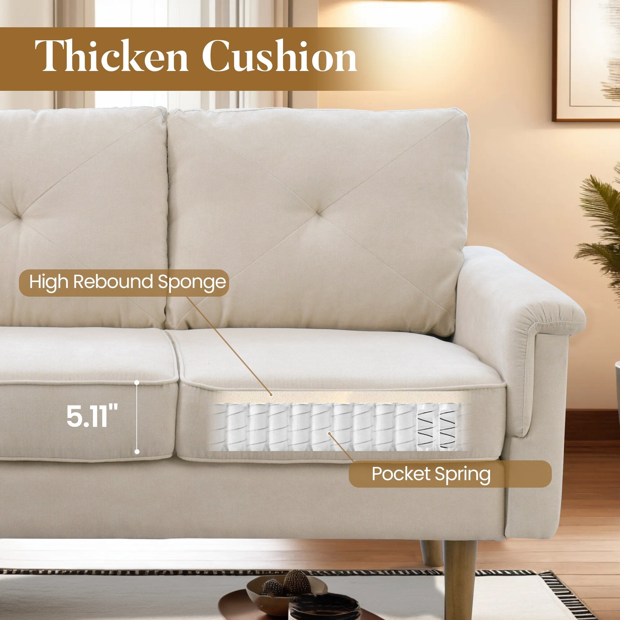 HOOOWOOO Mid-Century 3-Seat Upholstered Sofa with Wood Legs for Living Room