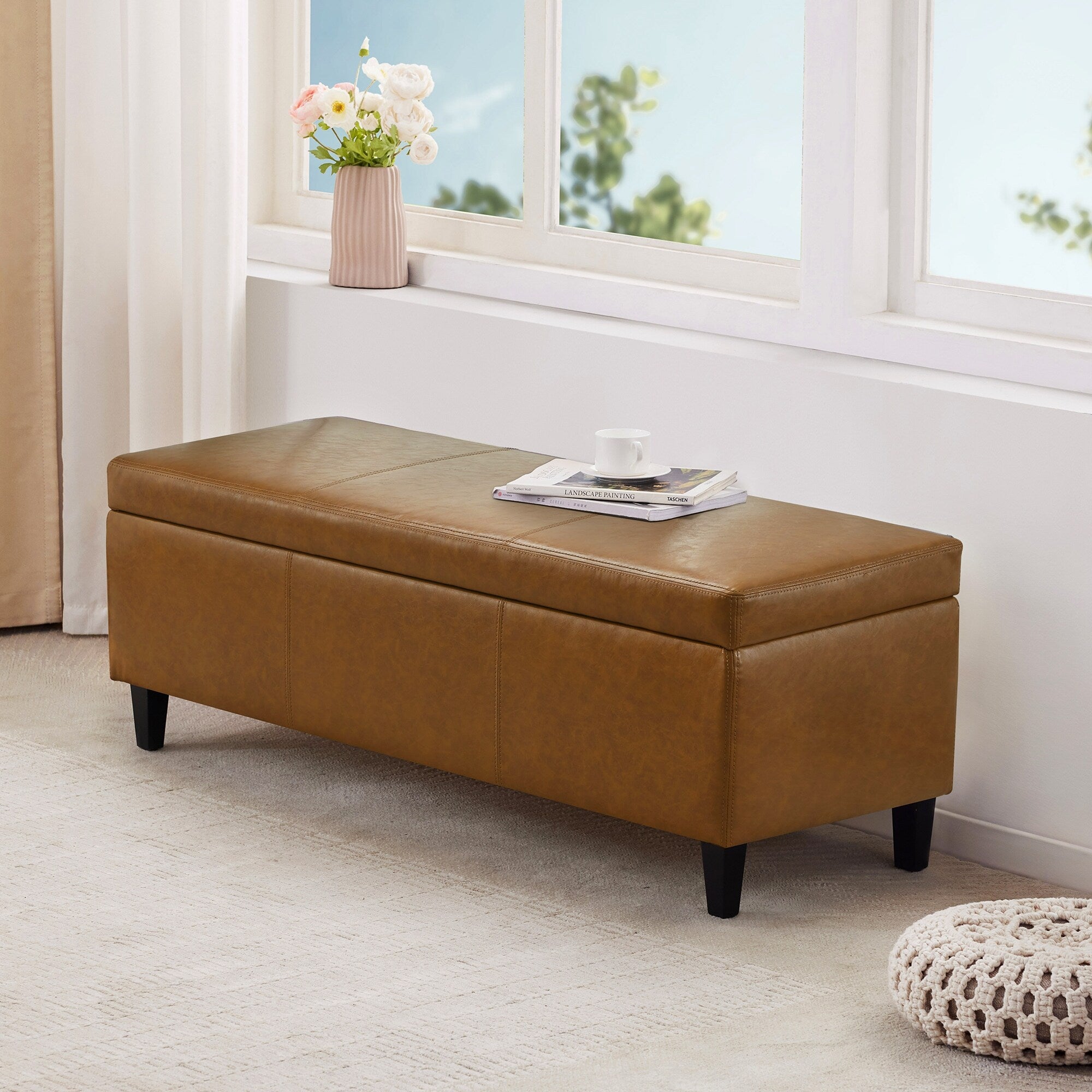 50.3 x 17.50 x 18 Upholstered Rectangular Storage Ottoman-Faux Leather