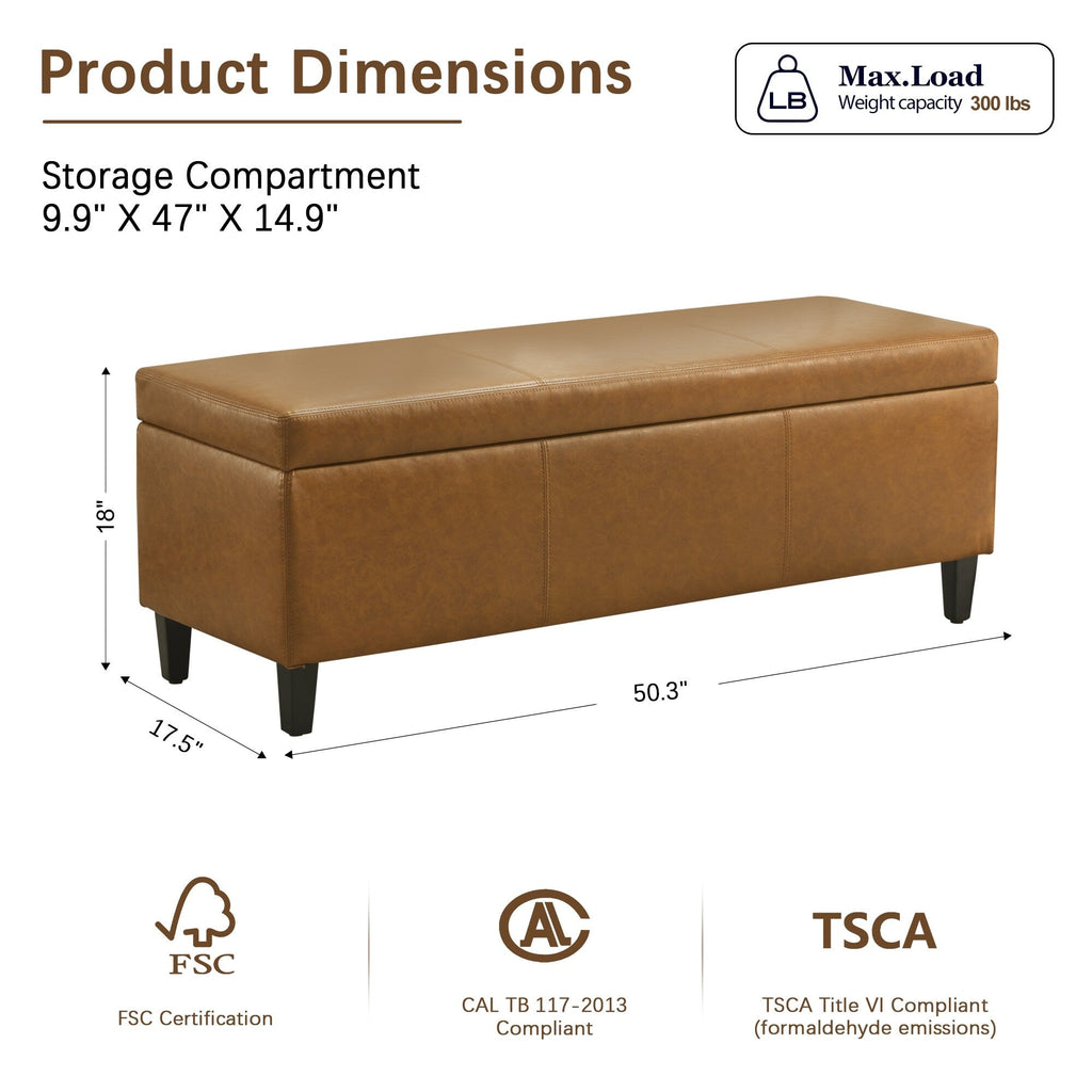50.3 x 17.50 x 18 Upholstered Rectangular Storage Ottoman-Faux Leather