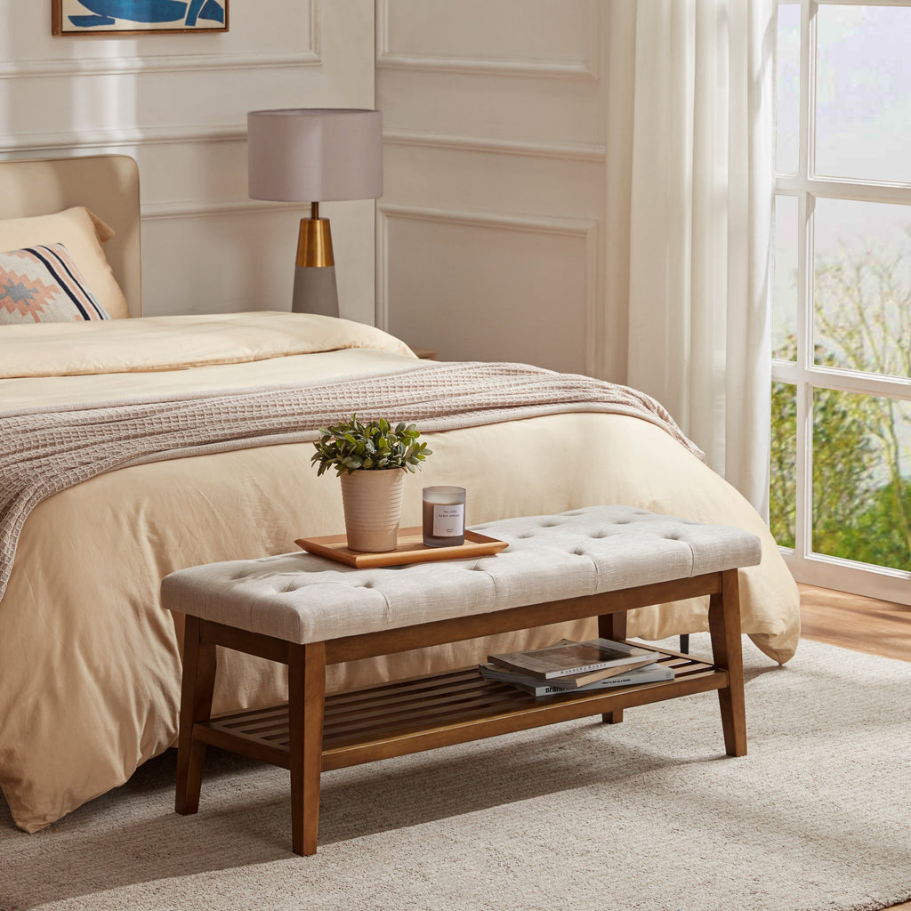 Entryway Shoe Bench Storage Bench Fabric Solid Wood, 43-inch Upholstered Bench for Living Room, Bedrooms