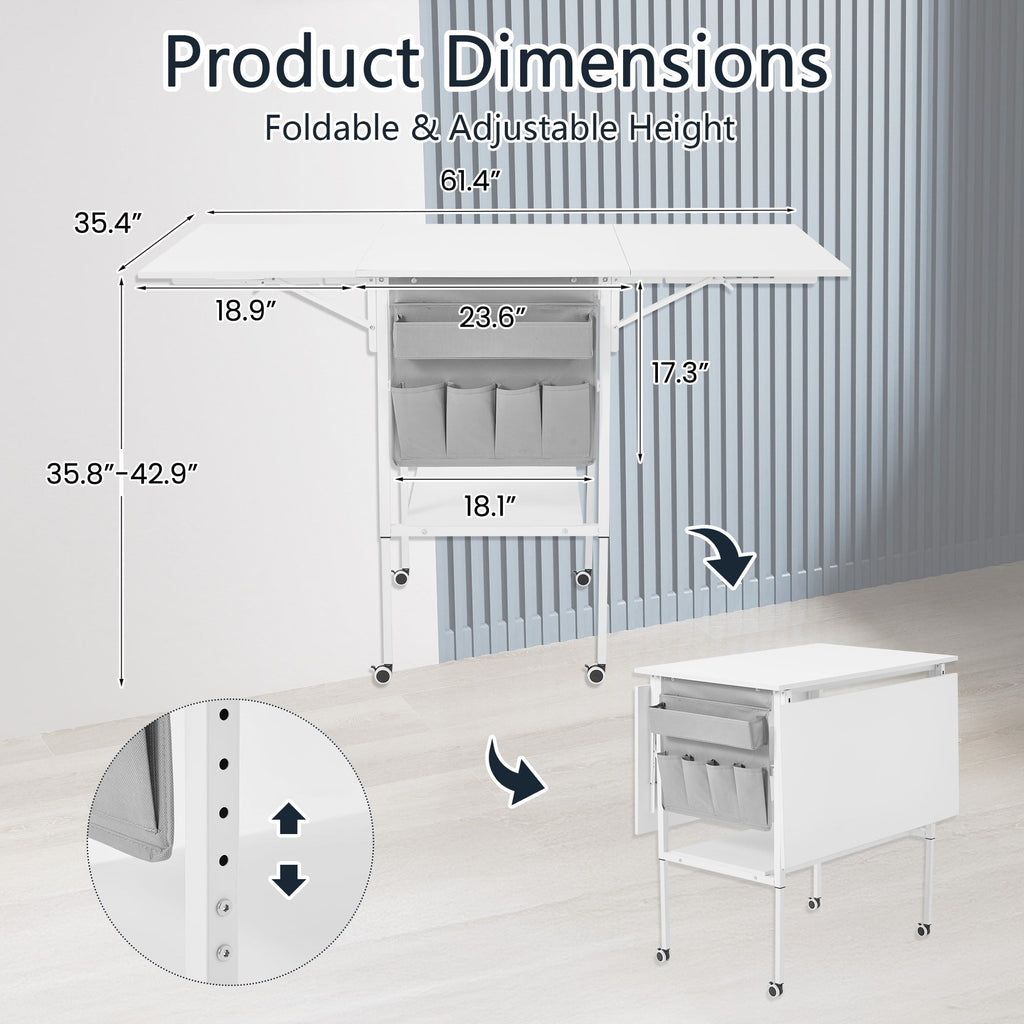 Height Adjustable Craft Table with Storage Shelves, Mobile Folding Cutting Table for Home Office Sewing Room Craft Room