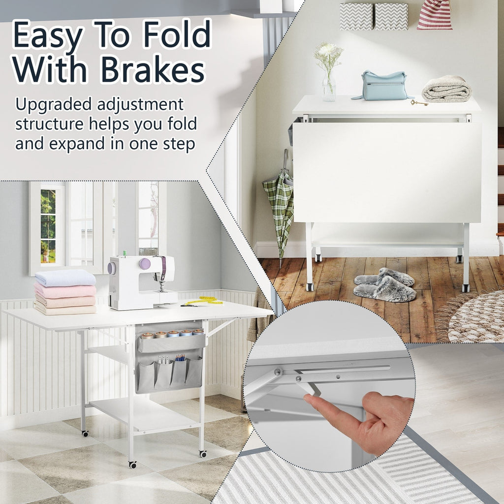 Height Adjustable Craft Table with Storage Shelves, Mobile Folding Cutting Table for Home Office Sewing Room Craft Room