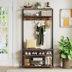 Industrial Hall Tree, Entryway Shoe Bench with Coat Rack Hook and Storage Shelving
