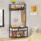 Industrial Hall Tree, Entryway Shoe Bench with Coat Rack Hook and Storage Shelving