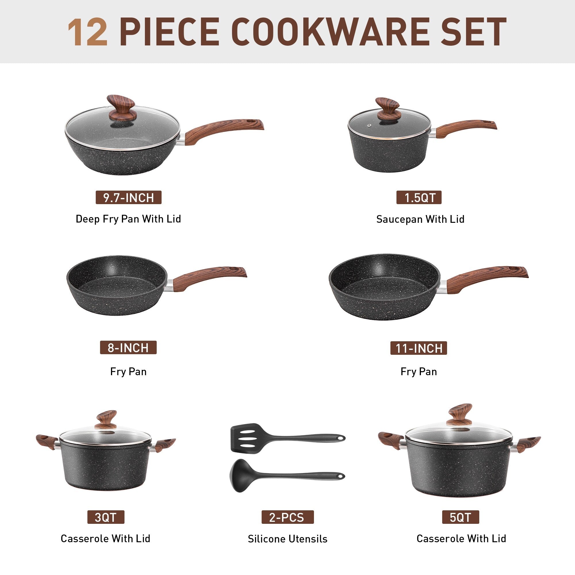 Kitchen Cookware Sets Nonstick, 12 Piece Pots and Pans Set Granite Cooking Set
