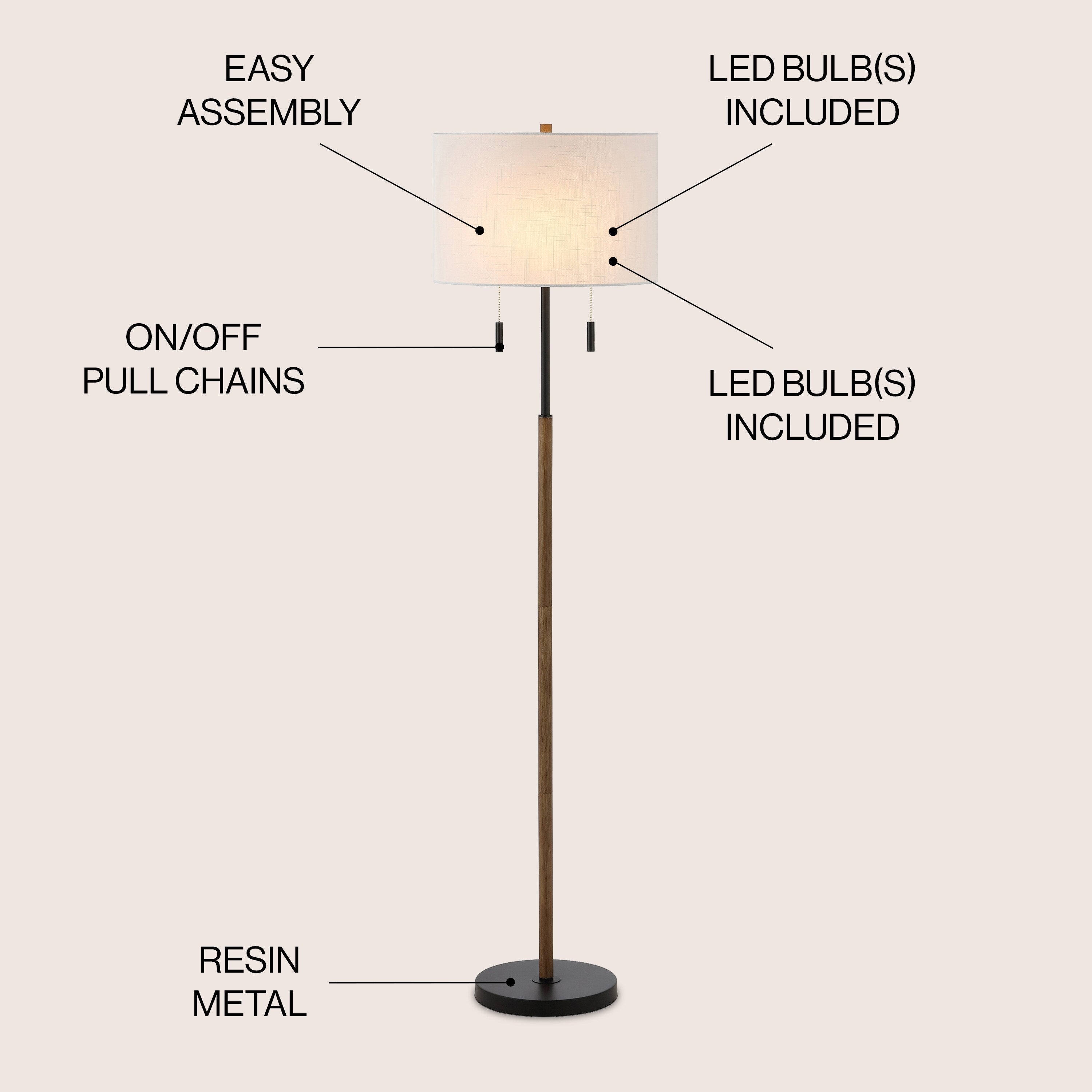 Koda 61 Rustic Farmhouse Iron Candlestick Pull Chains LED Floor Lamp, Brown Wood Finish/Black by JONATHAN Y