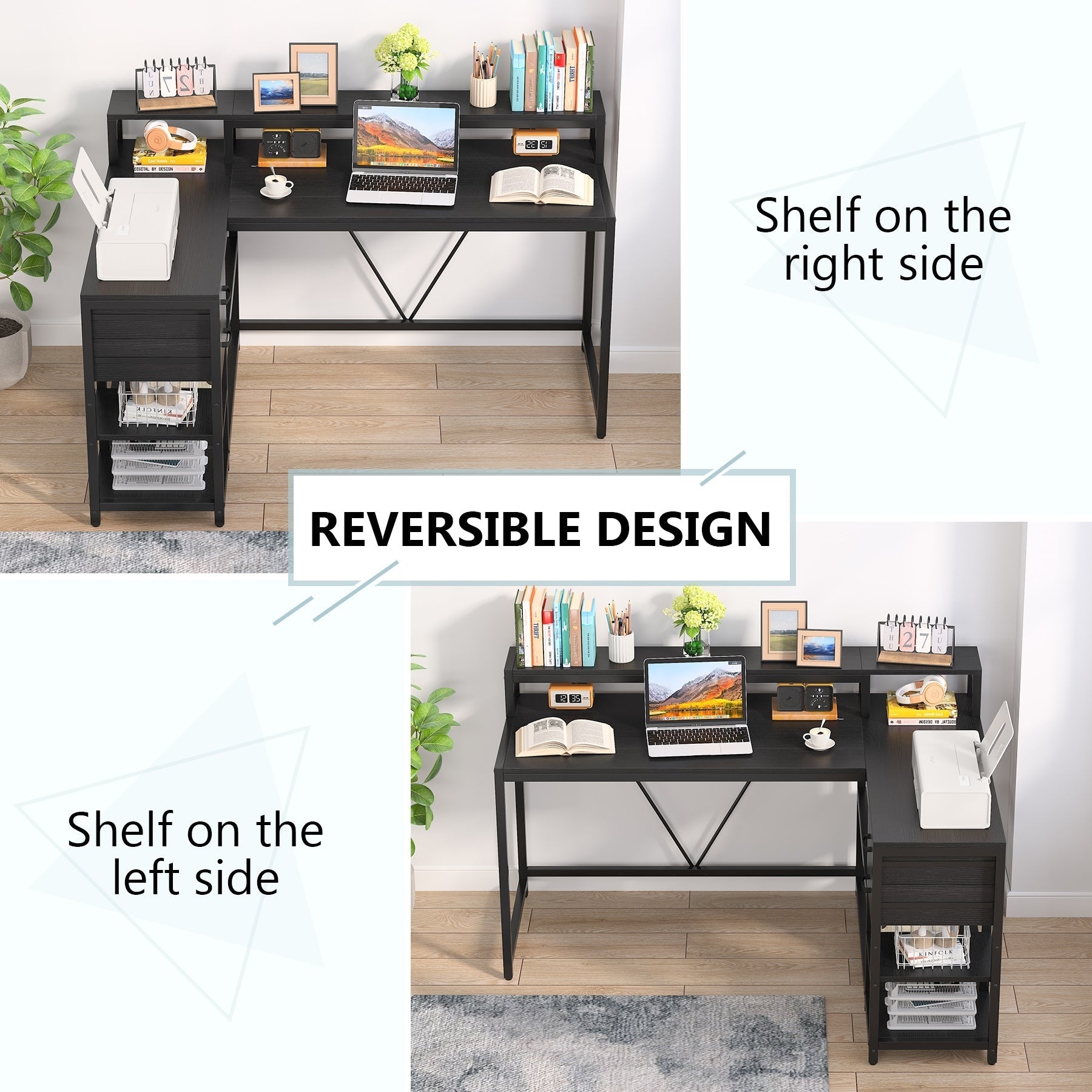 L Shaped Desk with Drawer, Home Office Corner Desk with Storage Shelves and Monitor Stand, Rustic PC Desk for Small Space