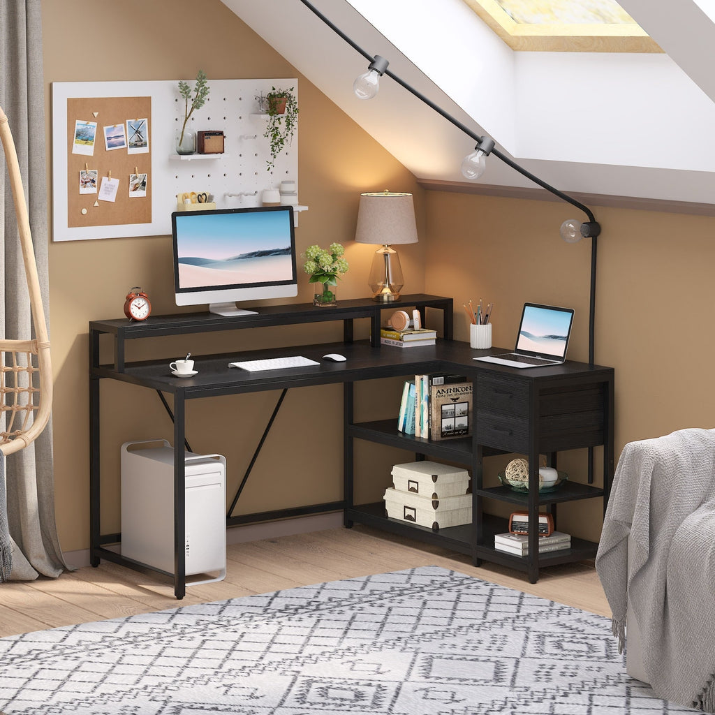L Shaped Desk with Drawer, Home Office Corner Desk with Storage Shelves and Monitor Stand, Rustic PC Desk for Small Space