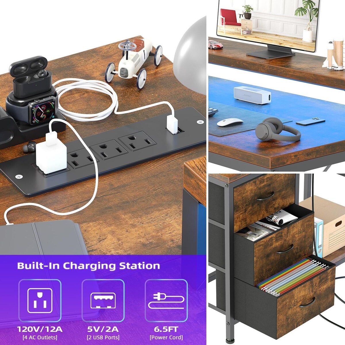 L Shaped Desk with Power Outlets & LED Lights