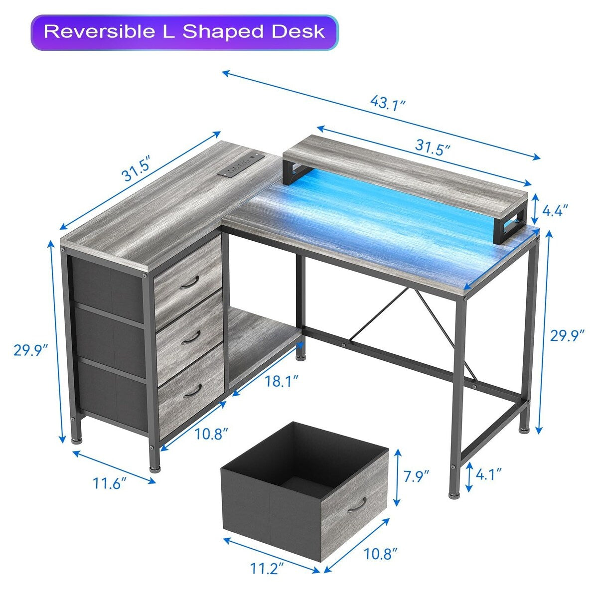 L Shaped Desk with Power Outlets & LED Lights