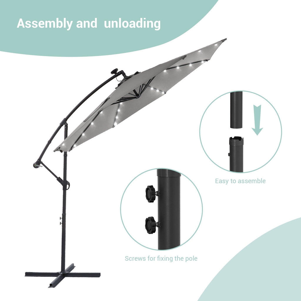 LIVOOSUN 10ft LED Patio Offset Umbrella With Cross Base