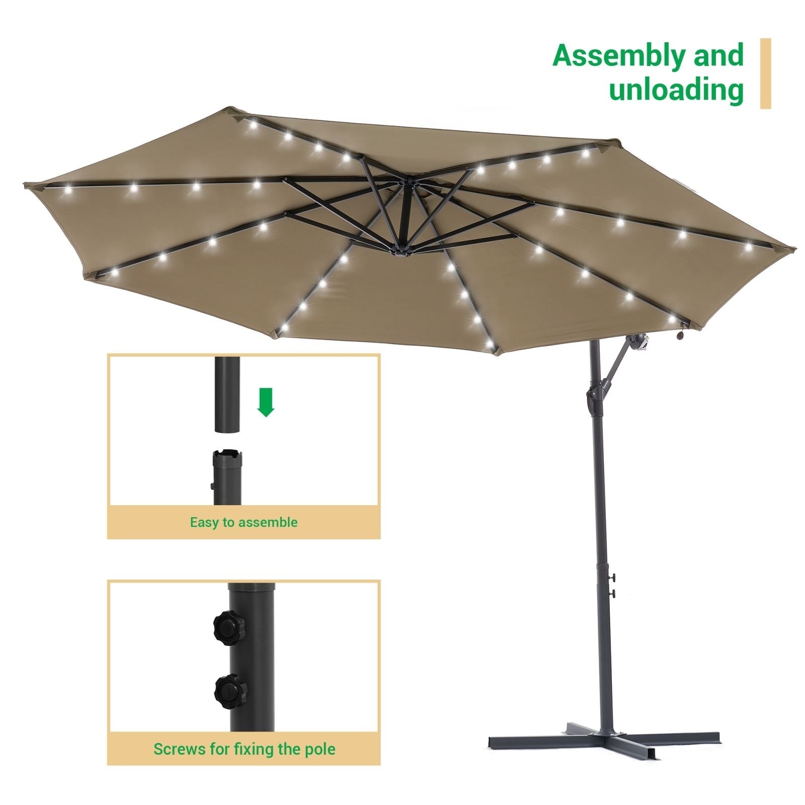 LIVOOSUN 10ft LED Patio Offset Umbrella With Cross Base