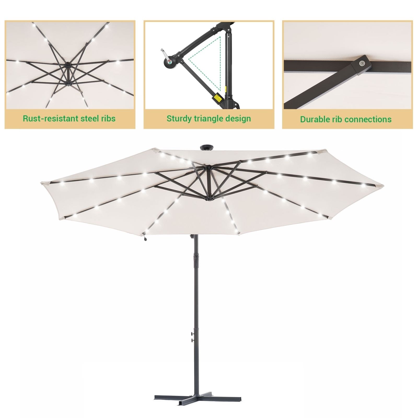 LIVOOSUN 10ft LED Patio Offset Umbrella With Cross Base